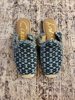 Sam Edelman CIRCUS Patterned Fringe Mules in Blue & Brown